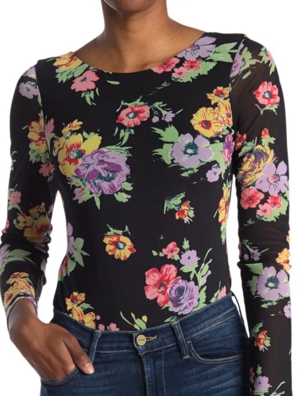 NWT WAYF Black Floral Long Sleeve Bodysuit